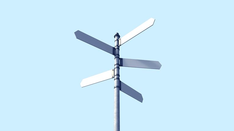 Signpost with three blank signs on sky backgrounds